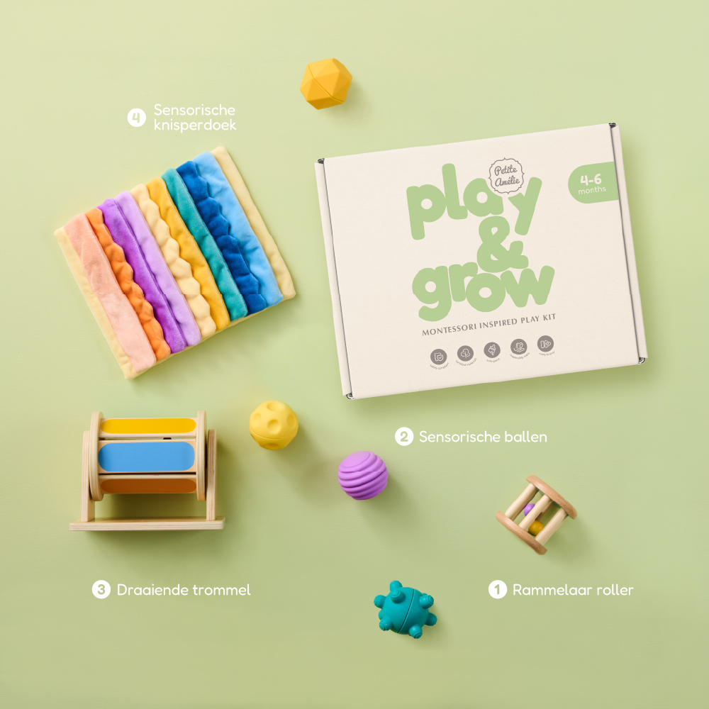 Petite Amélie | Coffret de jouets Montessori | Play & Grow | Développement sensoriel et moteur | 4-6 mois | Hochet, balles, tambour et tissu (Petite Amélie) - Image 12