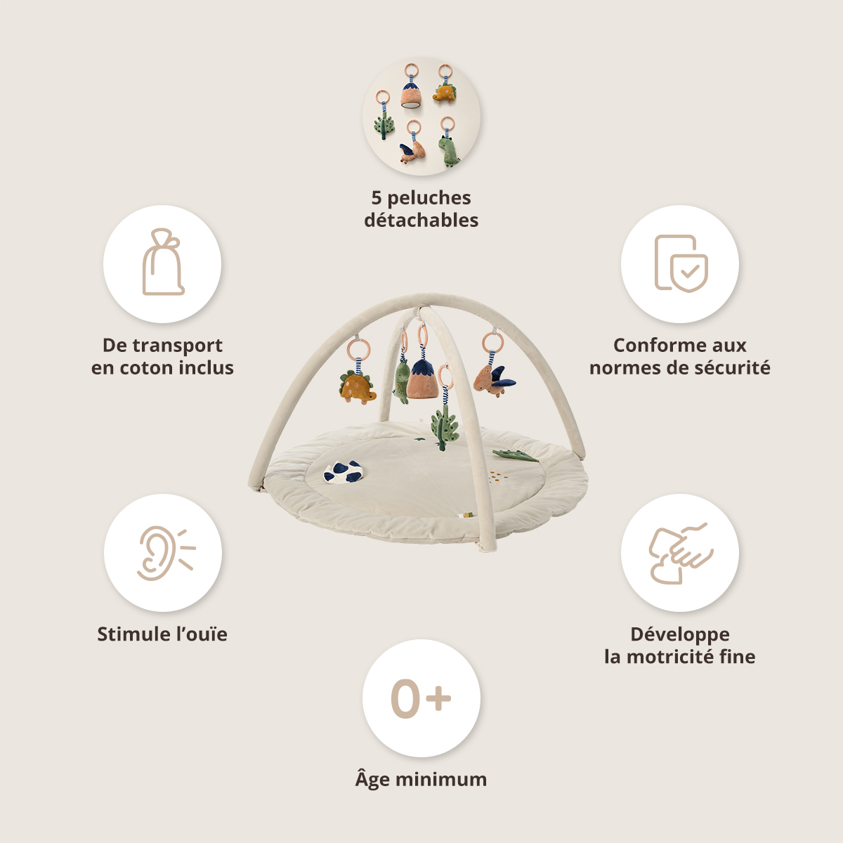 Petite Amélie | Arche d'éveil Dino | Tapis sensoriel amovible | Polyester | Beige | 6 éléments avec suspensions | Facile à nettoyer (Petite Amélie) - Image 2