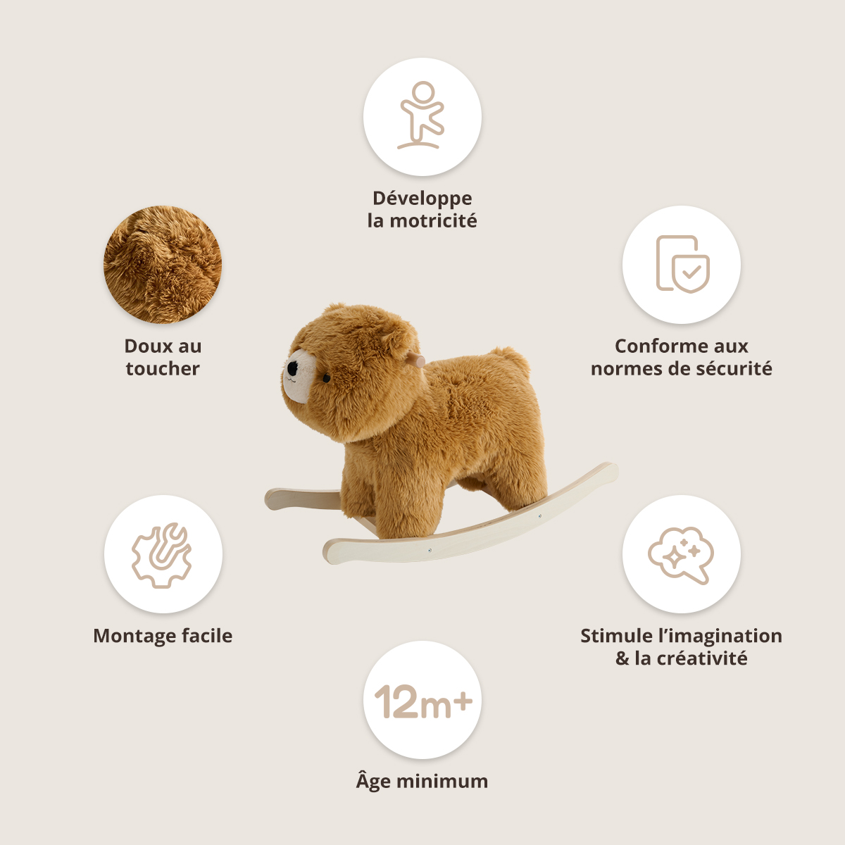 Petite Amélie | Cheval à bascule Ours | Peluche en bois certifié FSC | Marron et blanc | Jouet d'éveil pour enfant collection Forêt (Petite Amélie) - Image 2
