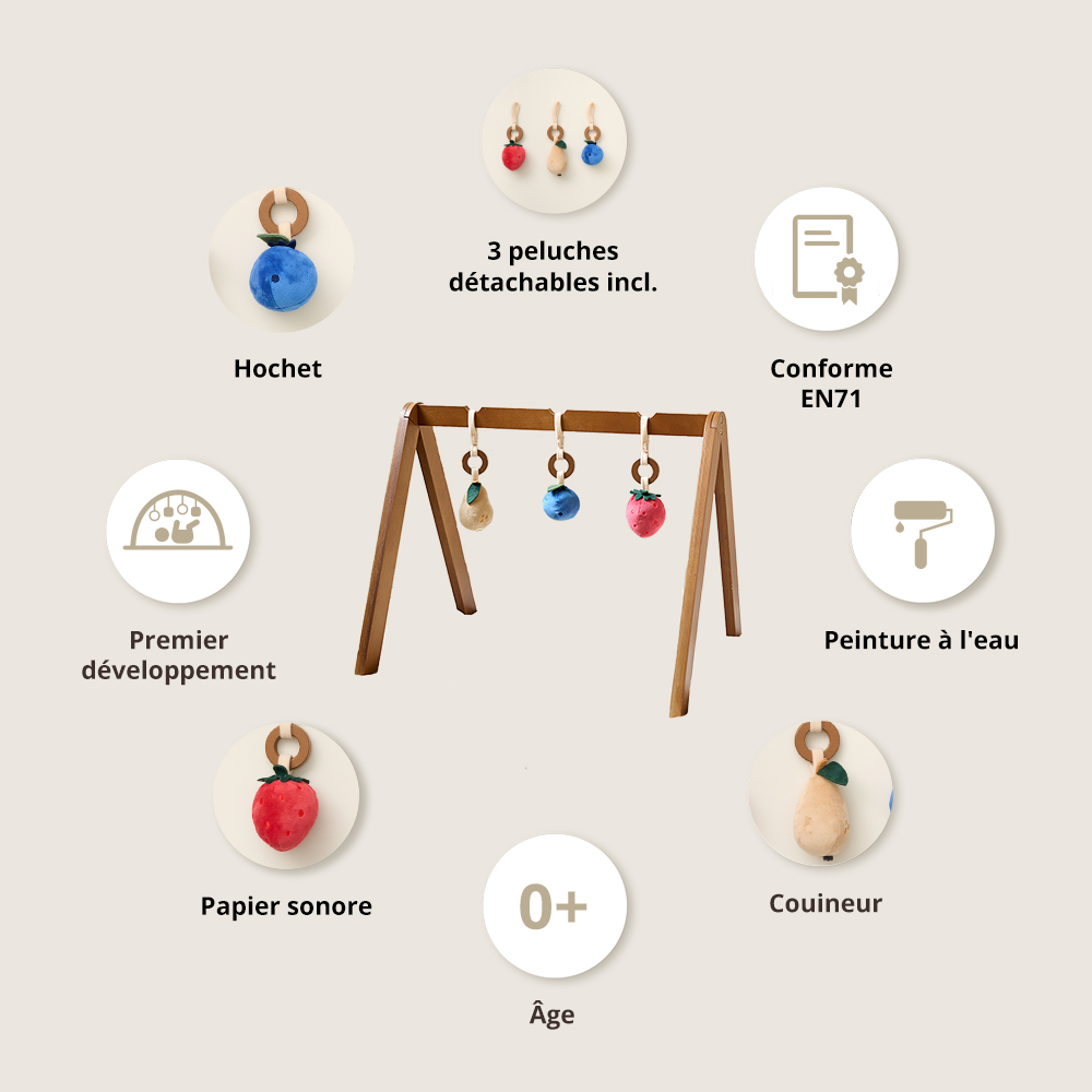 Petite Amélie Portique d'éveil bébé | Bois | Noyer | 60x50x48 cm | Avec trois accessoires en peluche amovibles pour le développement sensoriel (Petite Amélie) - Image 2