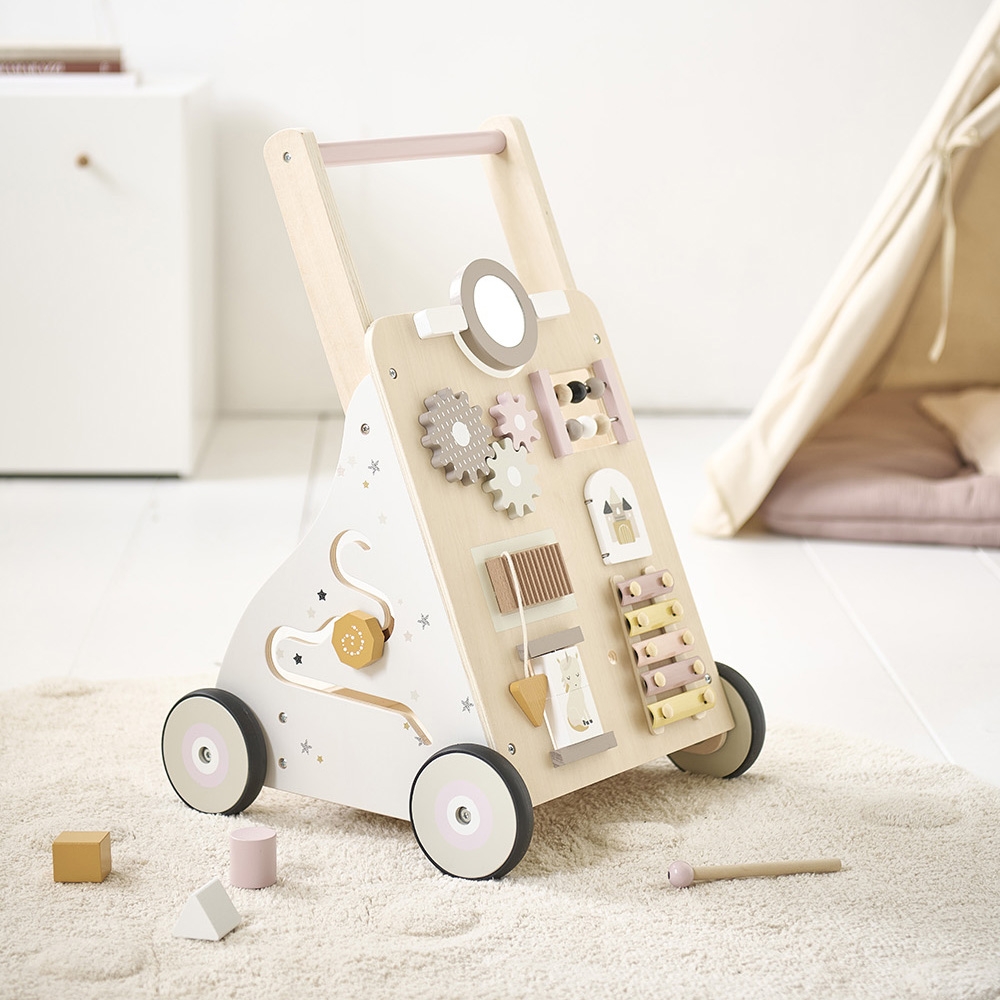 Chariot de marche en bois multi activités, Rose & Pastel