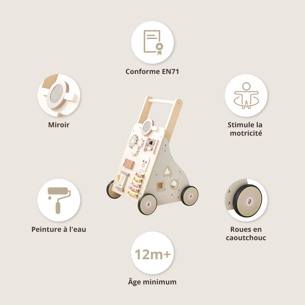 Petite Amélie | Chariot de marche en bois Lara | Trotteur bébé multi-activités | Montessori | Blanc et gris | Design solide et ludique (Petite Amélie) - Image 2