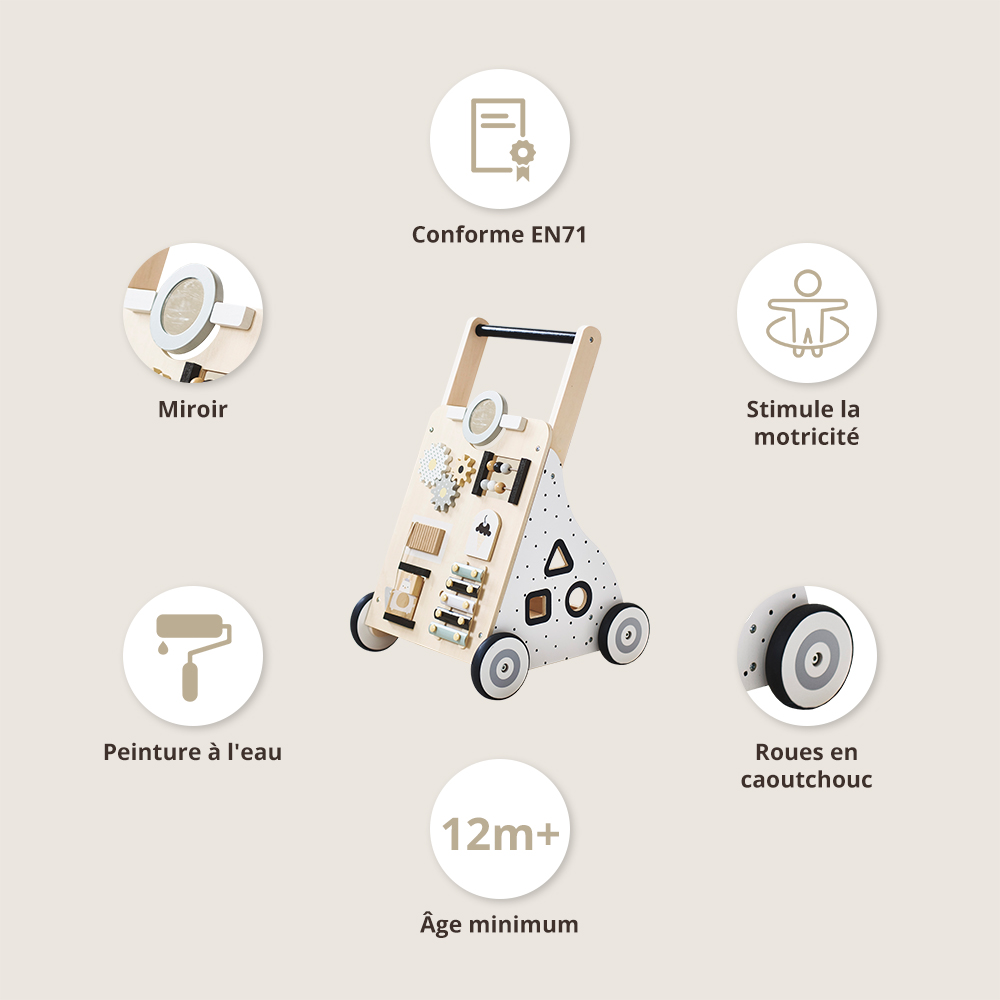 Petite Amélie | Chariot de marche bébé multi-activités | Trotteur en bois | Blanc, gris et noir | Apprentissage de la marche et motricité fine (Petite Amélie) - Image 1