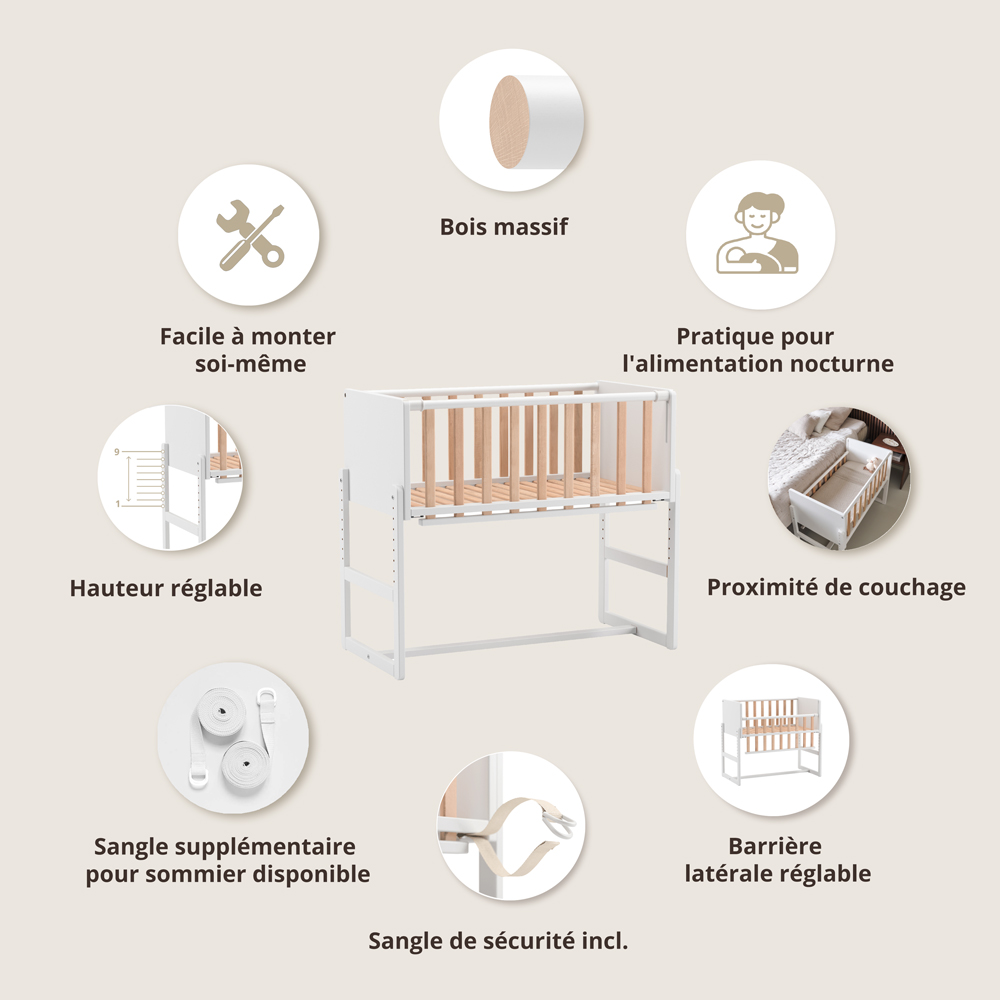 Lit Bébé Cododo / Berceau 2 En 1 «Nuage» | Blanc Et Naturel (Petite Amélie) - Image 5