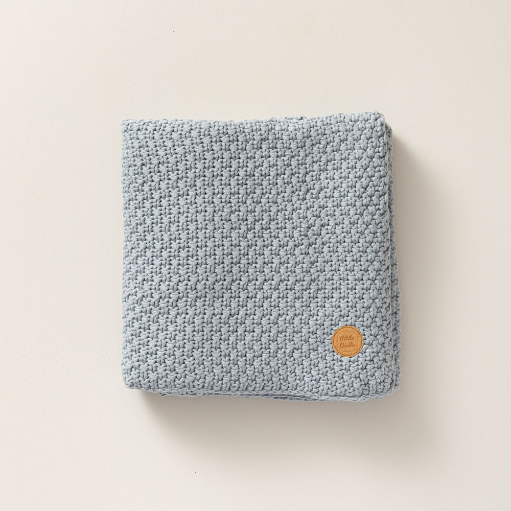 Couverture pour bébé 80x100 en coton bio tricoté bleu gris