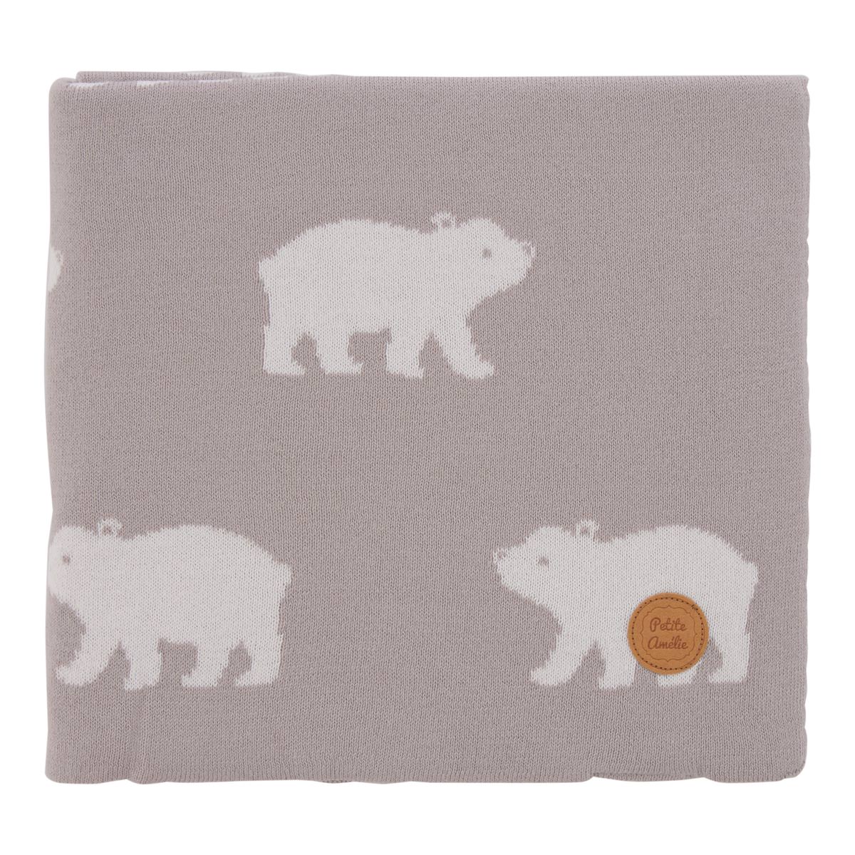 Couverture nourrisson coton biologique grise clair à motif | 80x100 | Ours polaire