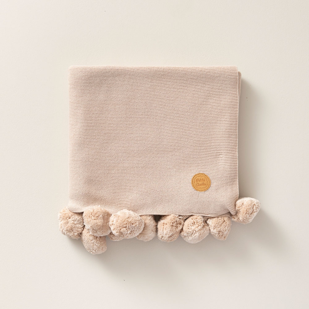 Couverture avec pompons coton biologique 80x100 cm bébé - Beige