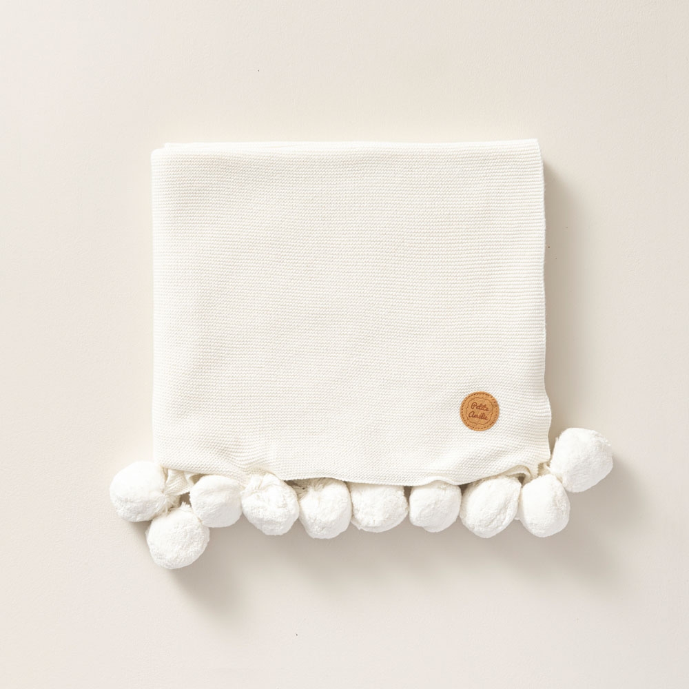 Couverture à pompons bébé coton biologique- Blanc ivoire | Petite Amélie