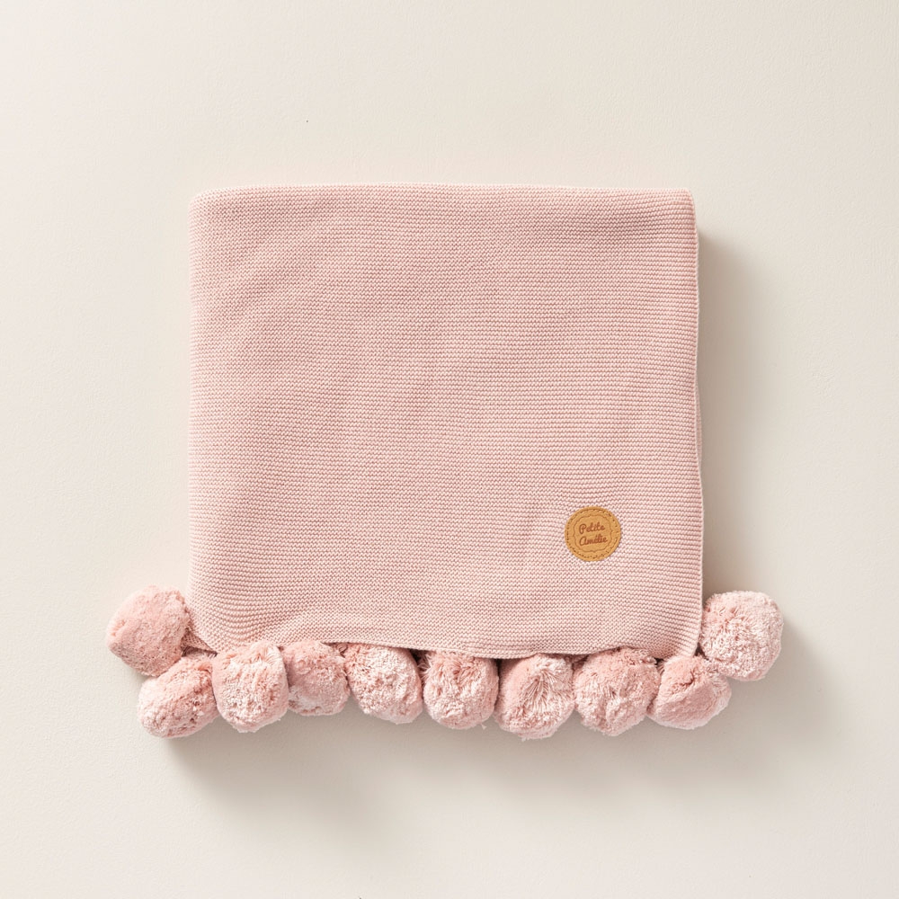 Couverture bébé coton bio tricoté à pompons 80x100 | Rose