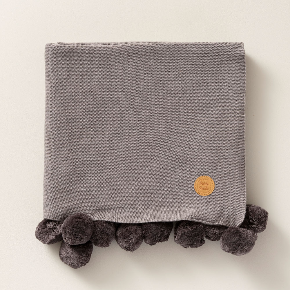 Couverture enfant à pompons coton biologique 100x150 cm | Gris acier