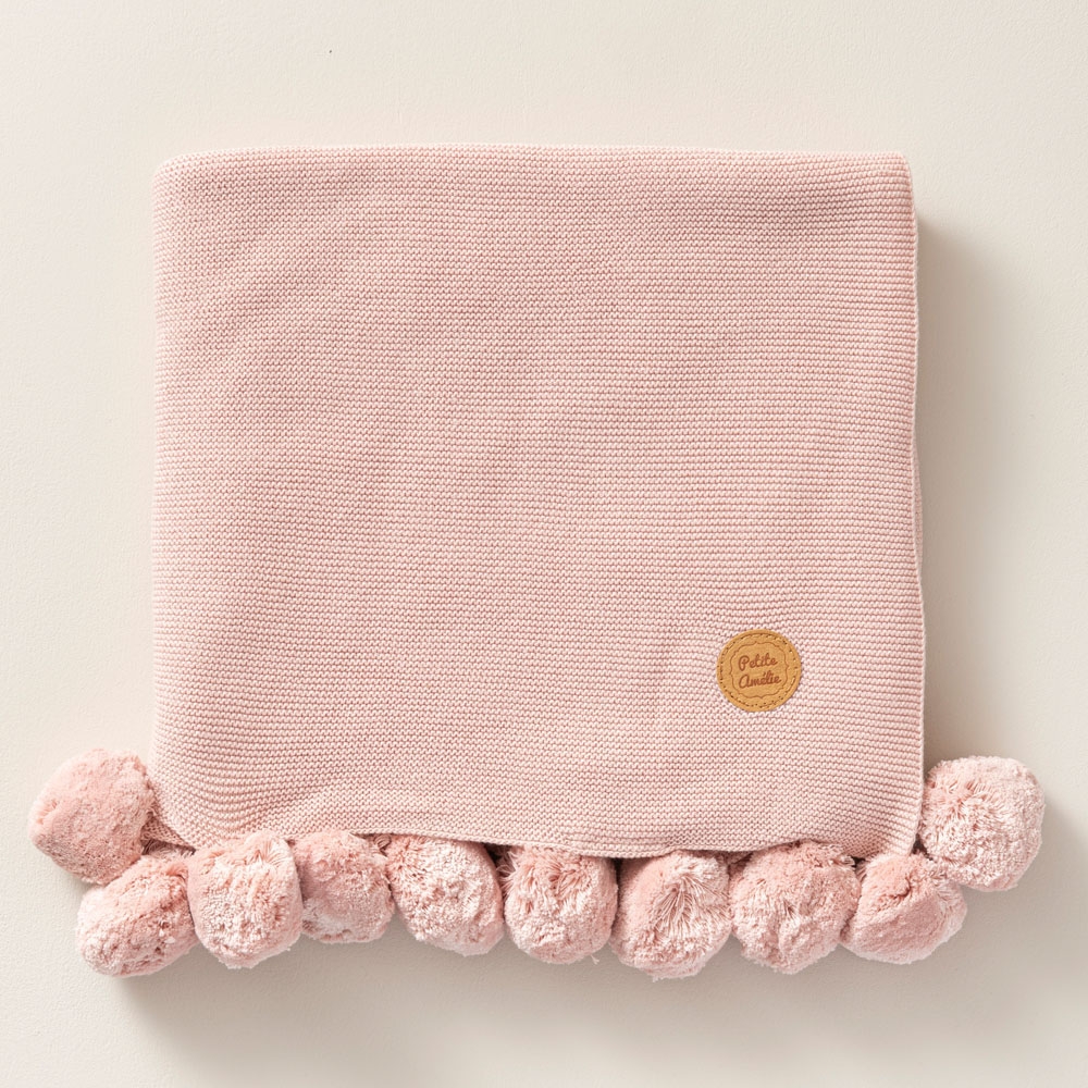 Couverture enfant coton biologique avec pompons | 100x150 | Rose