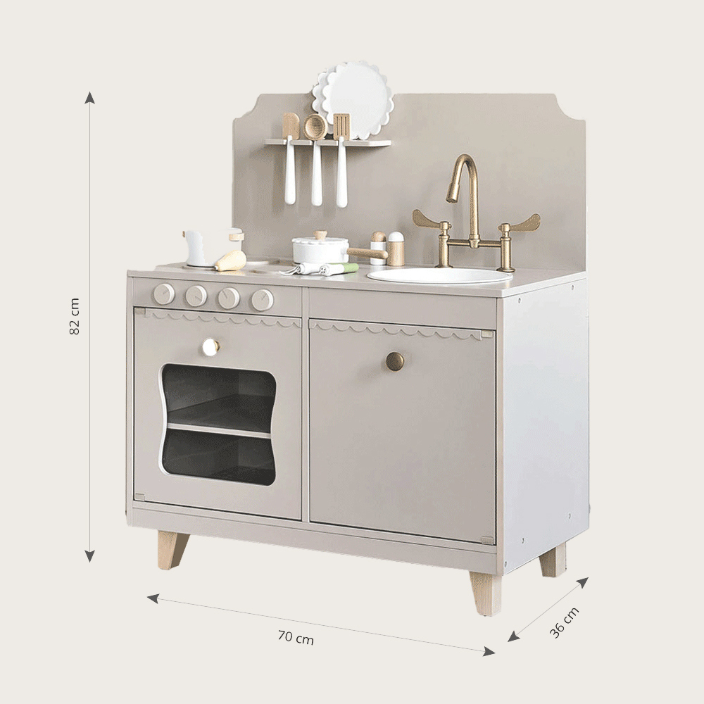 Petite Amélie | Cuisine enfant en bois Sorbier | Jeu d'imitation avec 13 accessoires | Taupe | Design robuste et intemporel pour chambre d'enfant (Petite Amélie) - Image 4
