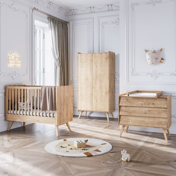 Chambre bébé «Vintage» 3 éléments bois - Lit bébé évolutif, commode et armoire