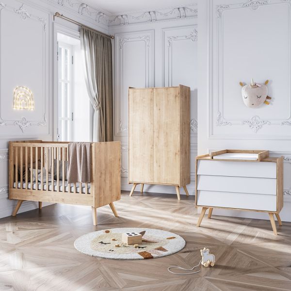 Chambre bébé «Vintage» 3 éléments bois et blanc - Lit évolutif, commode et armoire