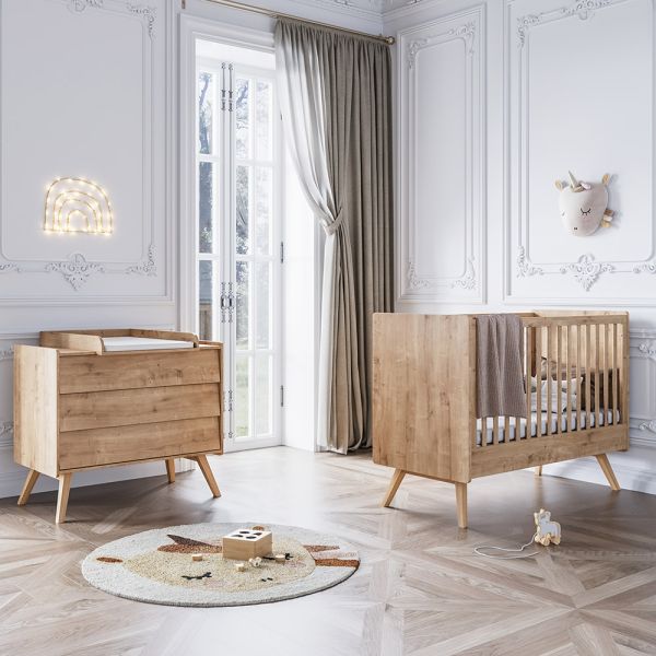 Chambre de bébé «Vintage» 2 éléments bois - Lit bébé évolutif et commode