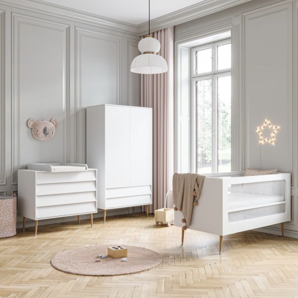 Ensemble lit bébé + commode + armoire blanc et gris - STELLA