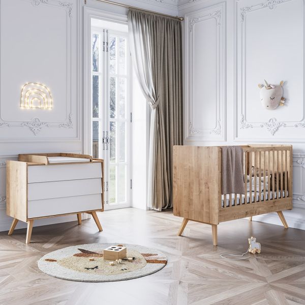 Chambre bébé «Vintage» 2 éléments bois et blanche - Lit évolutif et commode