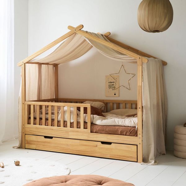 CIEL DE LIT CABANE «MAISON» | 90 x 200 CM | GAZE DE COTON | BEIGE