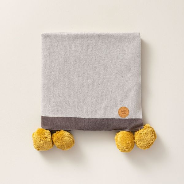 couverture coton bio jaune pompons sable 80x100 Petite Amélie
