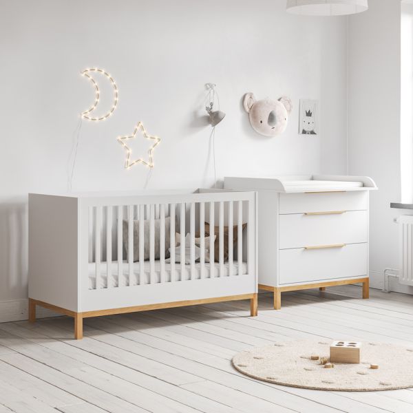 CHAMBRE BÉBÉ ÉVOLUTIVE «SOIE» 2 ÉLÉMENTS | LIT ÉVOLUTIF ET COMMODE | BLANC