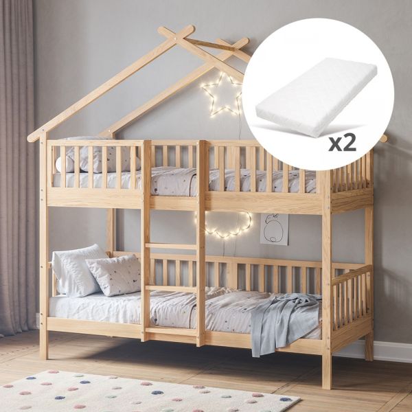 Lit cabane superposé 90x200 Maison en bois naturel par Petite Amélie