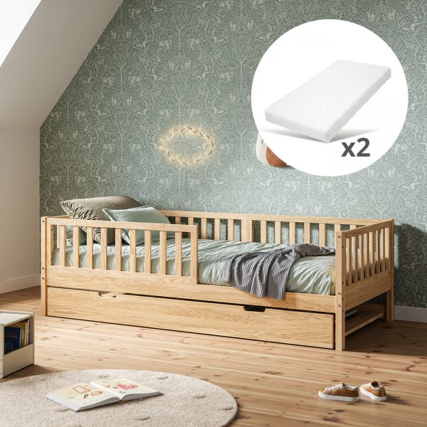 Lit gigogne 90x200 Plume en bois naturel avec une sleep lade par Petite Amélie