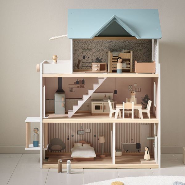 Maison de poupée « Campagne » | incl. 14 meubles de poupée | 81 cm | Blanc & bleu pastel