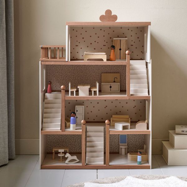 Grande maison de poupée en bois «Fleur» | incl. 19 meubles de poupée | 87 cm | Beige & Noyer