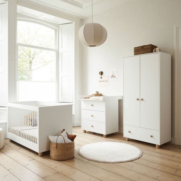 Chambre bébé évolutive «Bocca Nova» 3 éléments | Lit évolutif, commode et armoire | Blanc