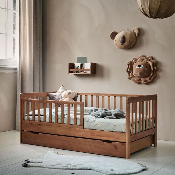 Lit enfant avec lit d'appoint et barrière Praktik - naturel