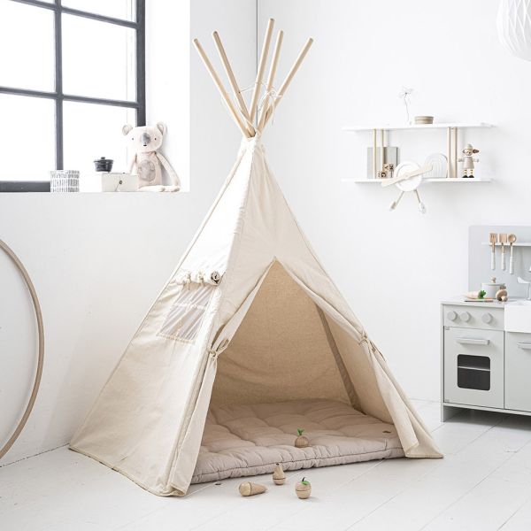 Tente tipi pour enfants en bois naturel et coton jaune