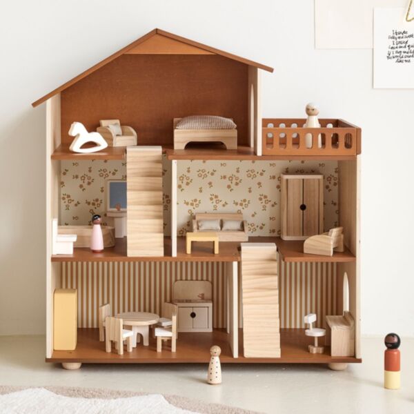 Maison de poupée en bois «Noyer» | 19 meubles de poupée incl. | Noyer