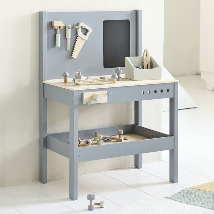 Établi gris-bleu en bois pour enfant - 40 accessoires inclus