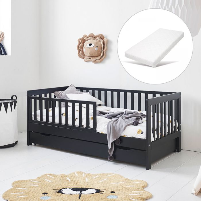 Lit enfant 2 ans bois noir Plume 70x140 cm et matelas enfant