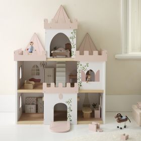 Maison de poupée château de princesse en bois | Figurines et 10 meubles incl. | Rose