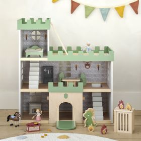 Maison de poupée château fort en bois | Figurines et 17 accessoires incl. | Vert