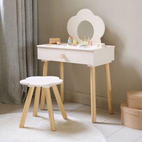 COIFFEUSE ENFANT EN BOIS ET SA CHAISE «FLEUR» | BEIGE | AVEC MIROIR