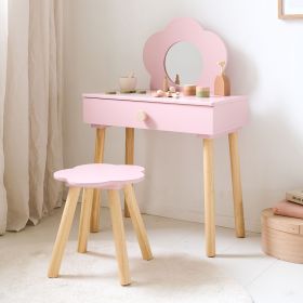 COIFFEUSE ENFANT EN BOIS ET SA CHAISE «FLEUR» | ROSE | AVEC MIROIR