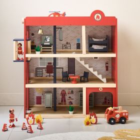 Caserne de pompiers en bois «Pompier» | 19 accessoires incl. | 70 cm | Rouge