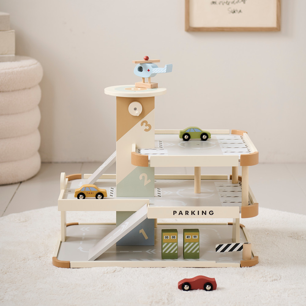 Garage enfant en bois | «Miel» | Ascenseur et accessoires inclus