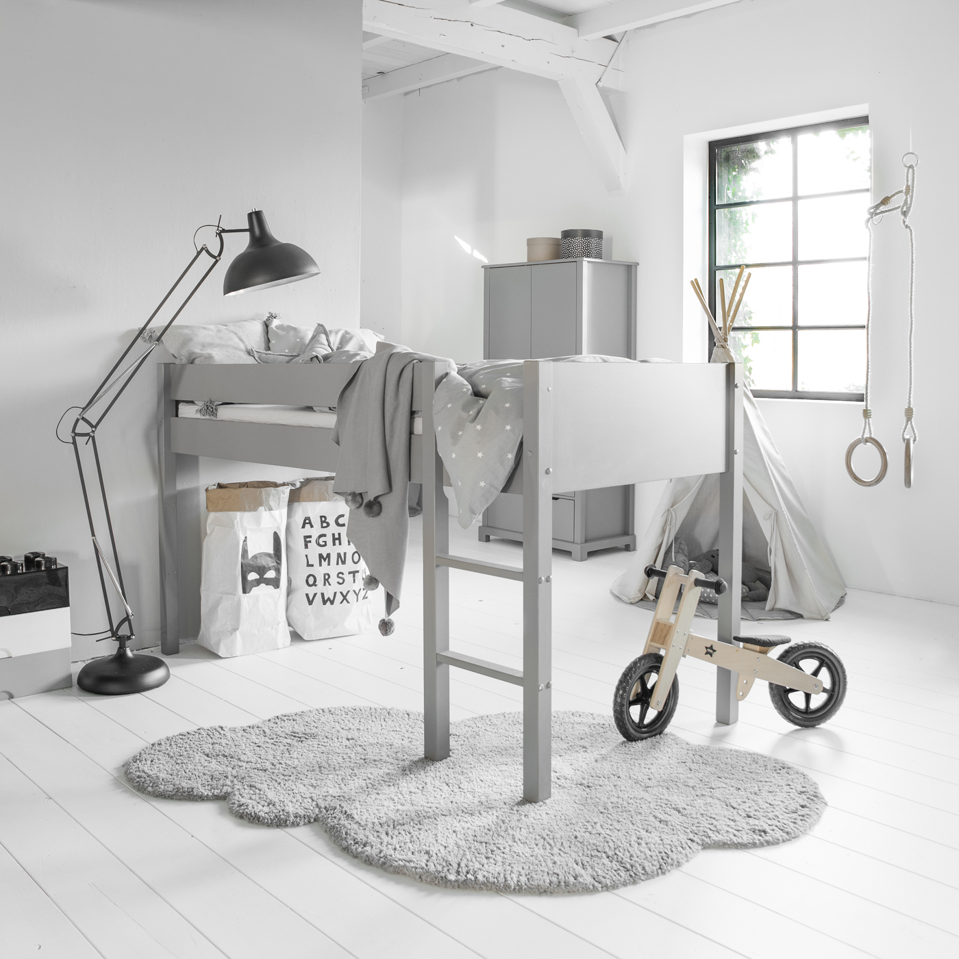 Lit mi-hauteur enfant 90x200 «ARBRE» | Gris 