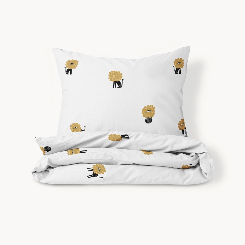 Housse de couette enfant Lion «Leo» 140x200cm, avec taie d'oreiller | Coton biologique GOTS | blanc