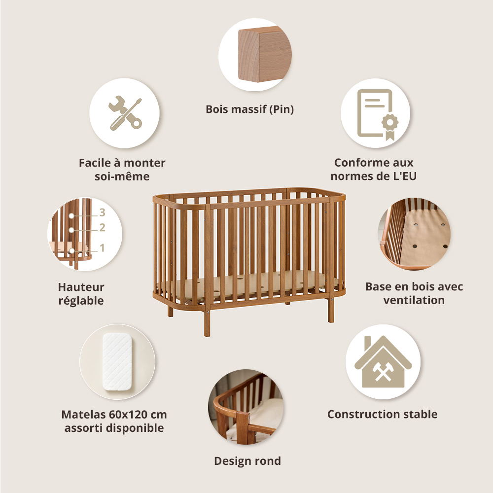 Lit Bébé Ovale «Cocoon» | 60x120 Cm | Brun Noyer (Petite Amélie) - Image 2