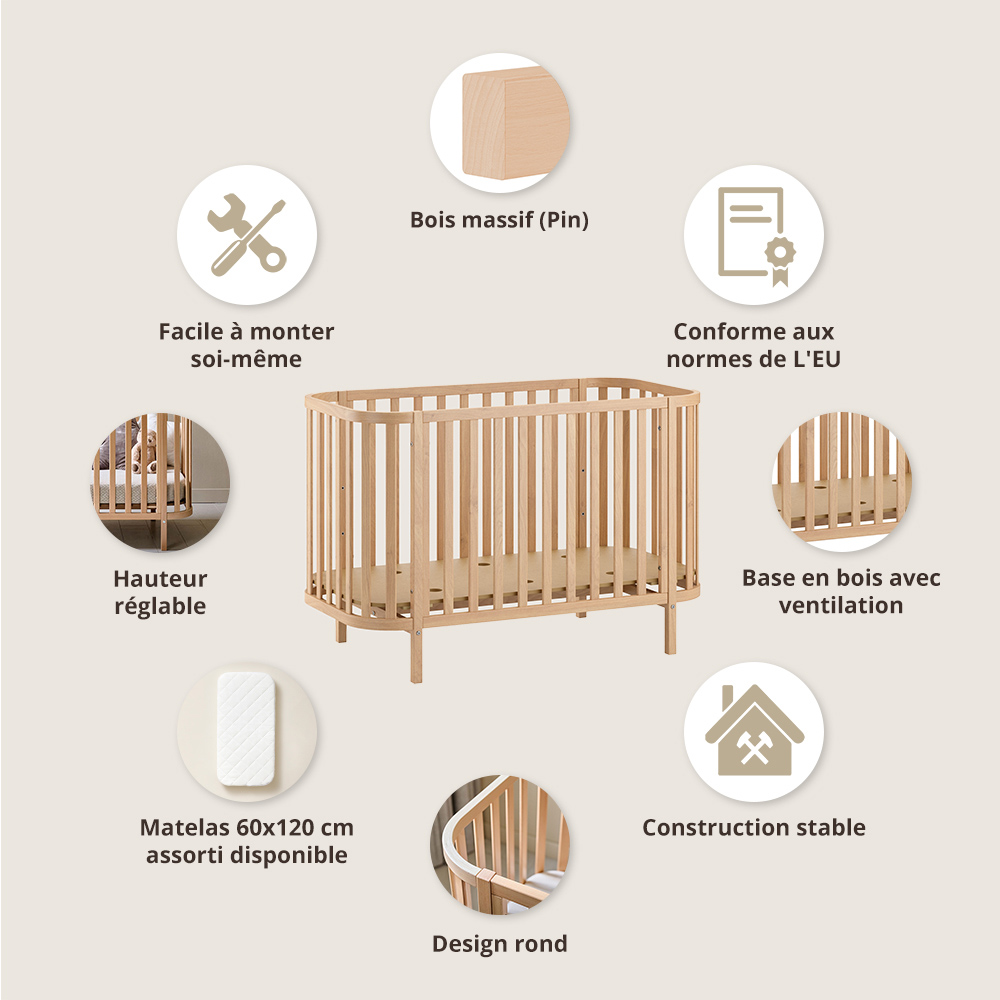 Lit Bébé Ovale «Cocoon» | 60 X 120 Cm | Naturel (Petite Amélie) - Image 2