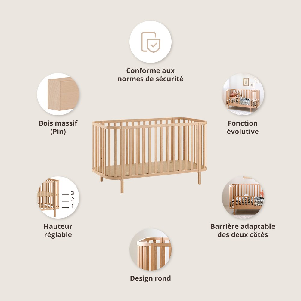 Lit Bébé Évolutif Ovale «Cocoon» | 70 X 140 Cm | Naturel (Petite Amélie) - Image 3