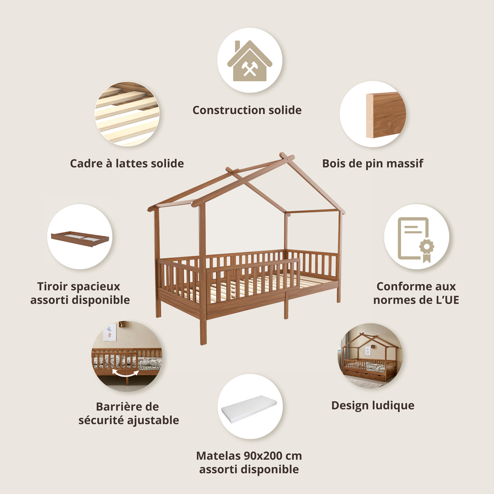 Petite Amélie | Lit Cabane Enfant | Bois de pin massif | Noyer | 90x200 cm | Design ludique avec barrières de sécurité pour chambre d'enfant (Petite Amélie) - Image 2