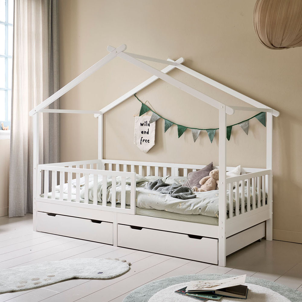Lit Cabane Enfant Bois Massif 90x200 - Lit Au Sol Sécurisé Sans Dénivelé Avec Cadre Baldaquin, Blanc Minimaliste