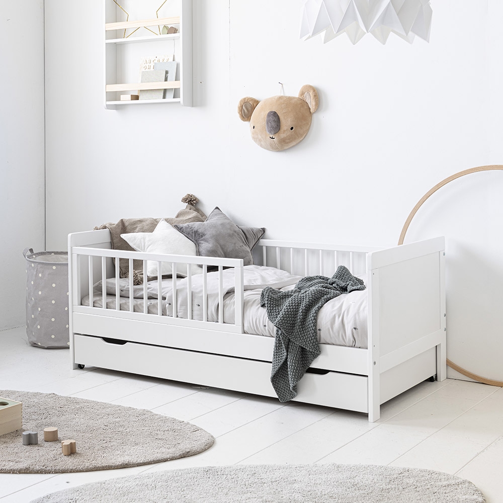 Lit bébé avec barrière amovible + rangement bibliothèque LIGNE PIROUETTE -  blanc, Chambre et rangement