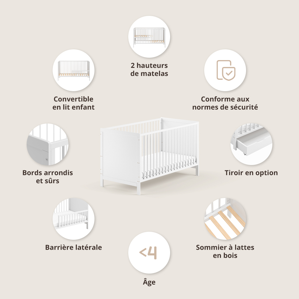 Lit Bébé Évolutif «Nuage» | 70x140 Cm | Blanc (Petite Amélie) - Image 3