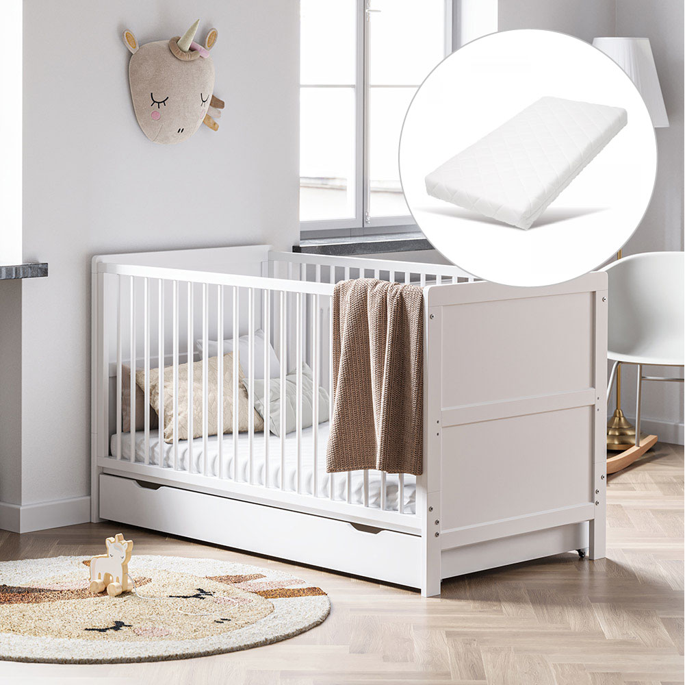 Lit bébé évolutif 3 en 1 (0-4 ans), lit enfant,  matelas inclus - Blanc